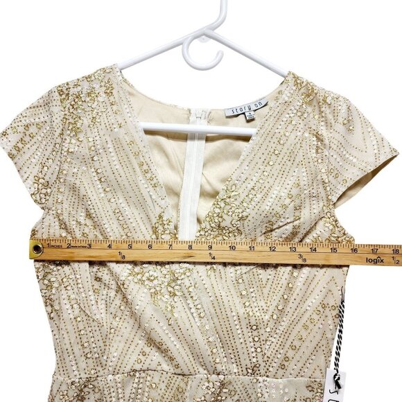 Sequin Womens Embellished Cream & Gold Short Sleeve Romper By Story On - Size S - Picture 9 of 11